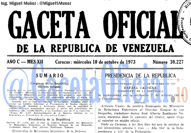 Gaceta Oficial 30227 del 10 Octubre 1973