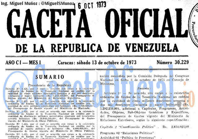 Gaceta Oficial 30229 del 13 Octubre 1973