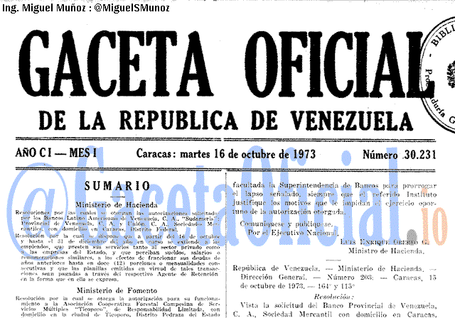 Gaceta Oficial 30231 del 16 Octubre 1973