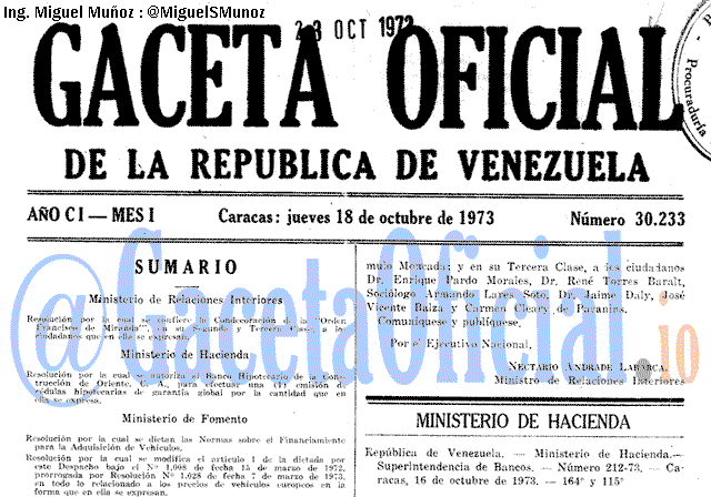 Gaceta Oficial 30233 del 18 Octubre 1973