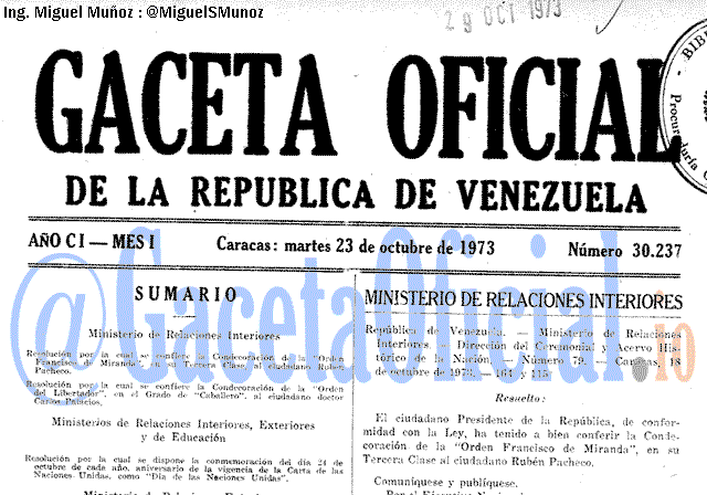 Gaceta Oficial 30237 del 23 Octubre 1973