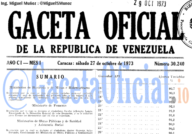 Gaceta Oficial 30240 del 27 Octubre 1973