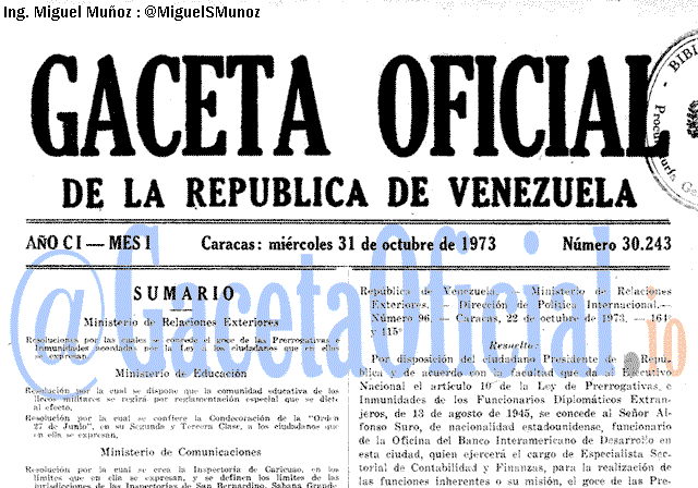Gaceta Oficial 30243 del 31 Octubre 1973