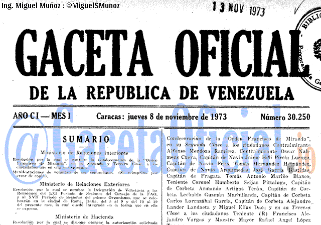 Gaceta Oficial 30250 del 8 Noviembre 1973