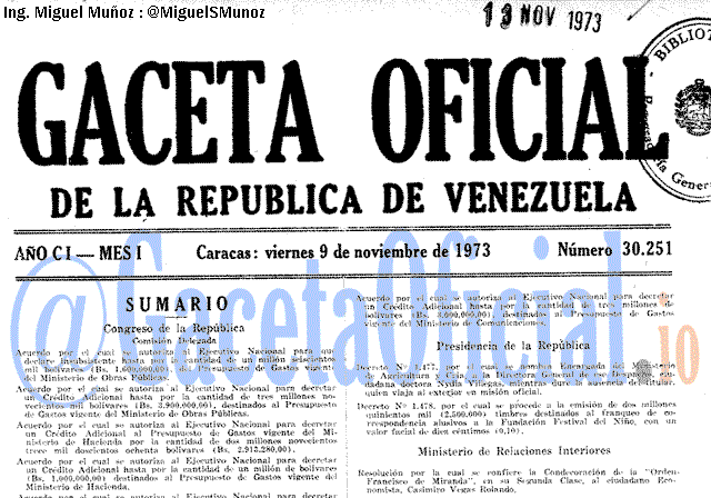 Gaceta Oficial 30251 del 9 Noviembre 1973