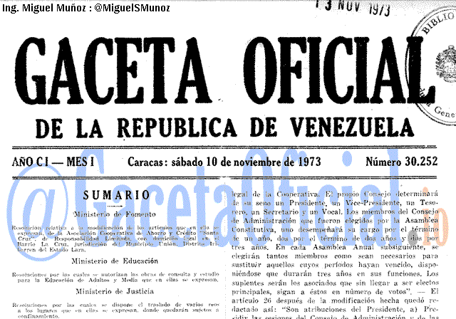 Gaceta Oficial 30252 del 10 Noviembre 1973