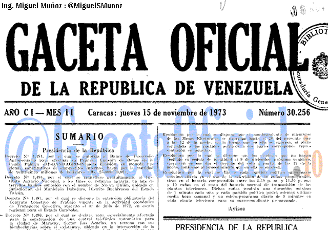 Gaceta Oficial 30256 del 15 Noviembre 1973