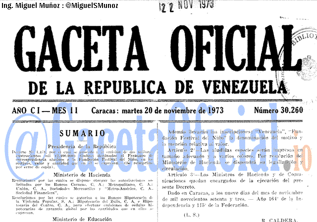 Gaceta Oficial 30260 del 20 Noviembre 1973