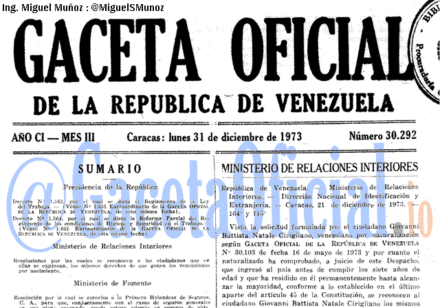 Gaceta Oficial 30292 del 31 Diciembre 1973