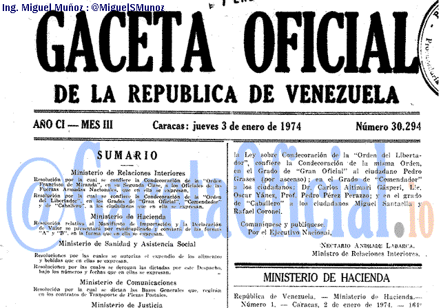 Gaceta Oficial 30294 del 3 Enero 1974