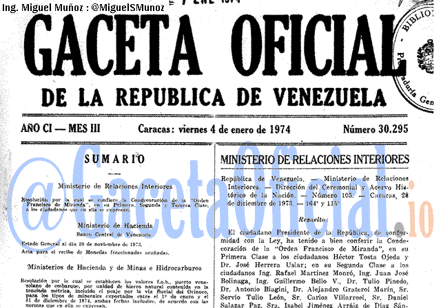 Gaceta Oficial 30295 del 4 Enero 1974