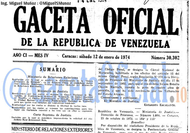 Gaceta Oficial 30302 del 12 Enero 1974