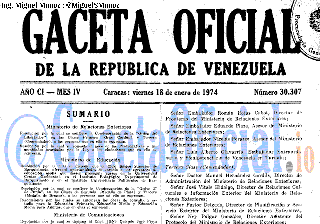 Gaceta Oficial 30307 del 18 Enero 1974