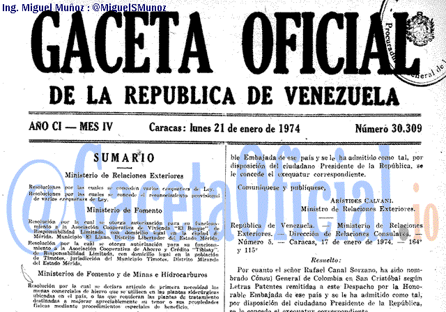 Gaceta Oficial 30309 del 21 Enero 1974