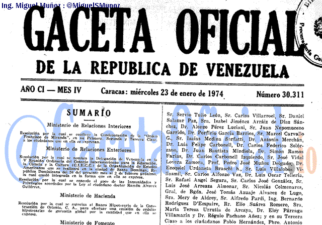 Gaceta Oficial 30311 del 23 Enero 1974