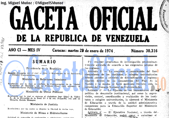 Gaceta Oficial 30316 del 29 Enero 1974