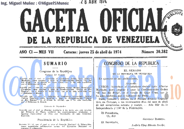 Gaceta Oficial 30382 del 25 Abril 1974