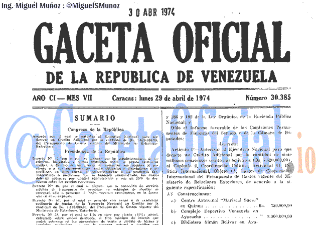 Gaceta Oficial 30385 del 29 Abril 1974