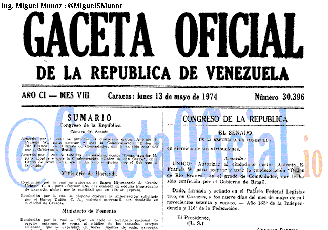 Gaceta Oficial 30396 del 13 Mayo 1974