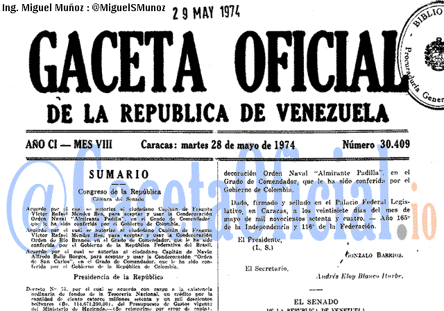 Gaceta Oficial 30409 del 28 Mayo 1974