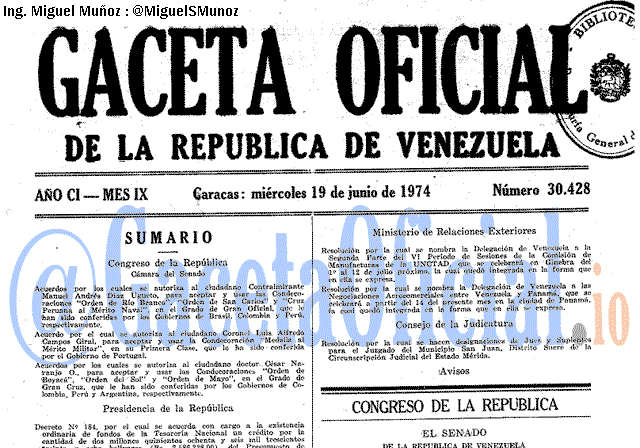 Gaceta Oficial 30428 del 19 Junio 1974