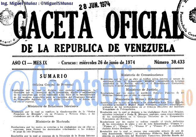 Gaceta Oficial 30433 del 26 Junio 1974