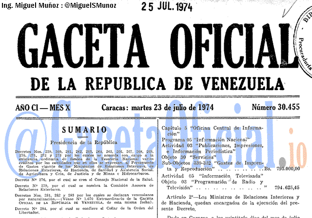 Gaceta Oficial 30455 del 23 Julio 1974