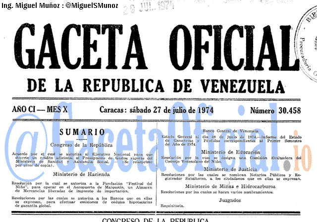 Gaceta Oficial 30458 del 27 Julio 1974