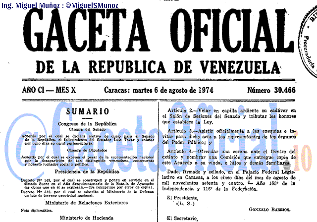 Gaceta Oficial 30466 del 6 Agosto 1974