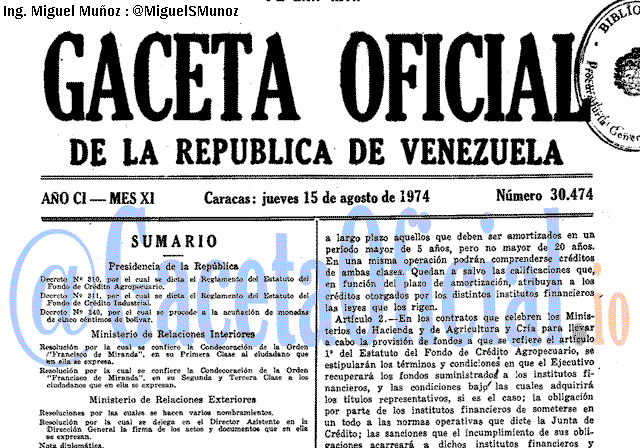 Gaceta Oficial 30474 del 15 Agosto 1974