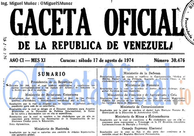 Gaceta Oficial 30476 del 17 Agosto 1974