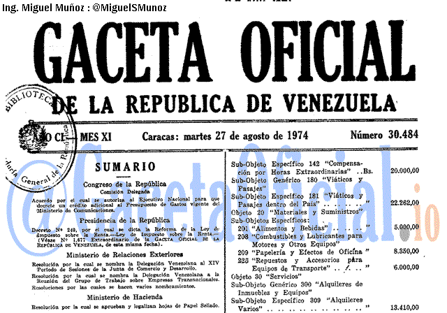 Gaceta Oficial 30484 del 27 Agosto 1974