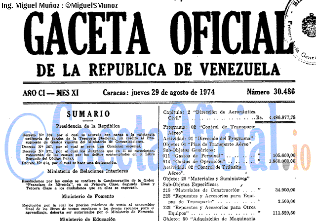 Gaceta Oficial 30486 del 29 Agosto 1974