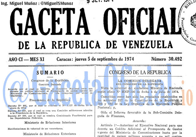 Gaceta Oficial 30492 del 5 Septiembre 1974