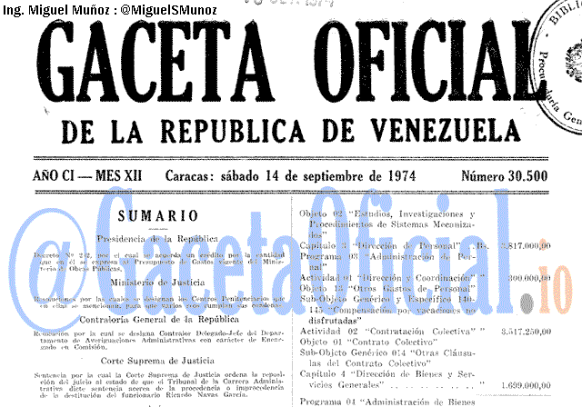 Gaceta Oficial 30500 del 14 Septiembre 1974