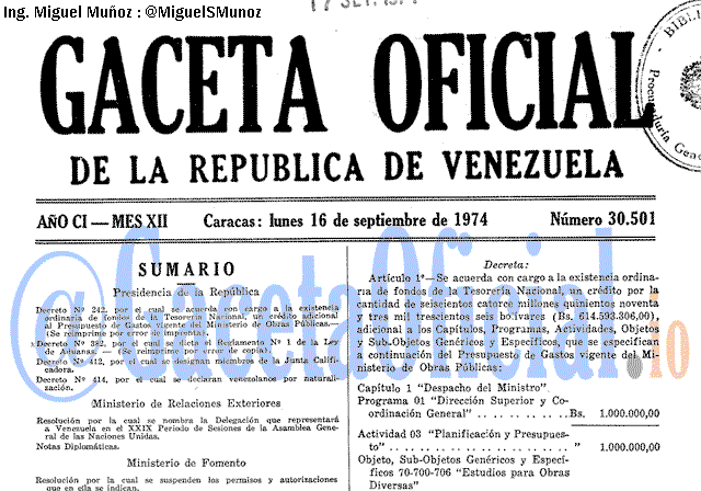 Gaceta Oficial 30501 del 16 Septiembre 1974