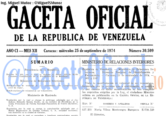 Gaceta Oficial 30509 del 25 Septiembre 1974