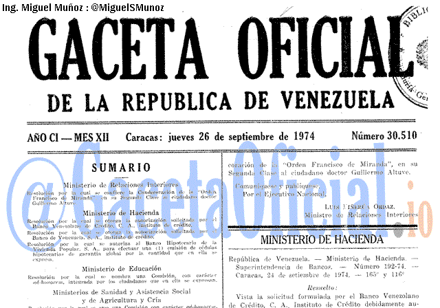 Gaceta Oficial 30510 del 26 Septiembre 1974