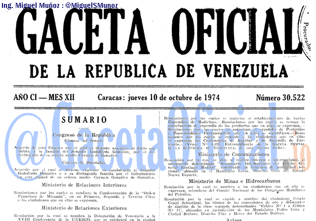 Gaceta Oficial 30522 del 10 Octubre 1974