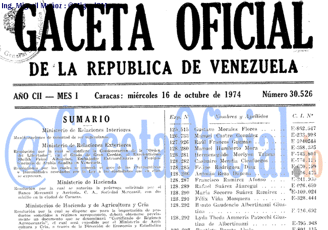 Gaceta Oficial 30526 del 16 Octubre 1974