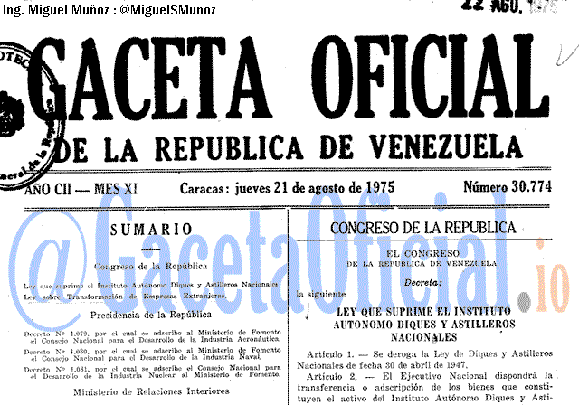 Gaceta Oficial 30774 del 21 Agosto 1975
