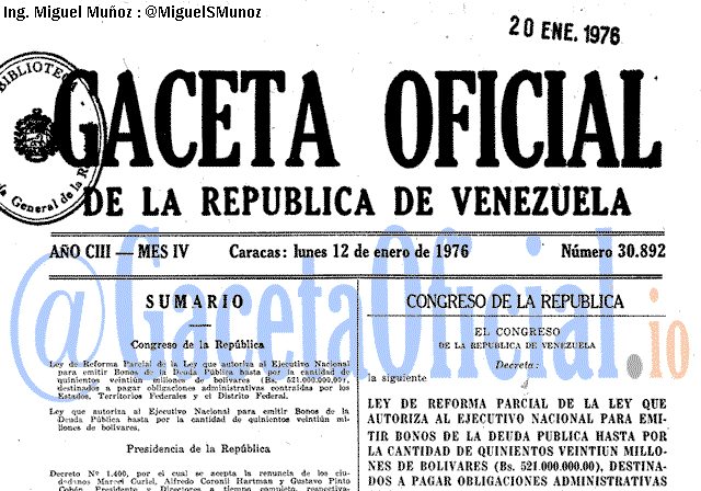 Gaceta Oficial 30892 del 12 Enero 1976