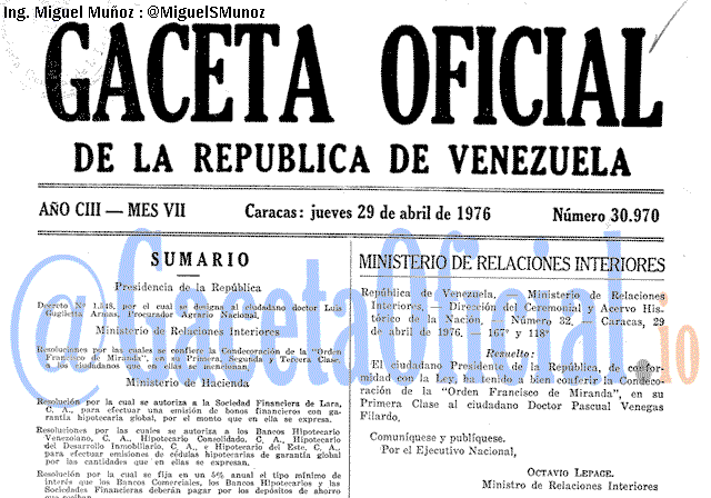Gaceta Oficial 30970 del 29 Abril 1976