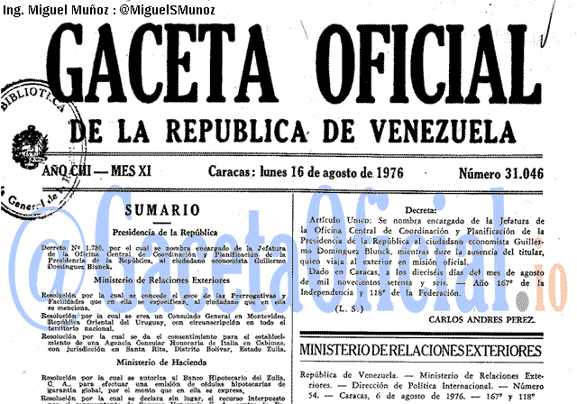 Gaceta Oficial 31046 del 16 Agosto 1976