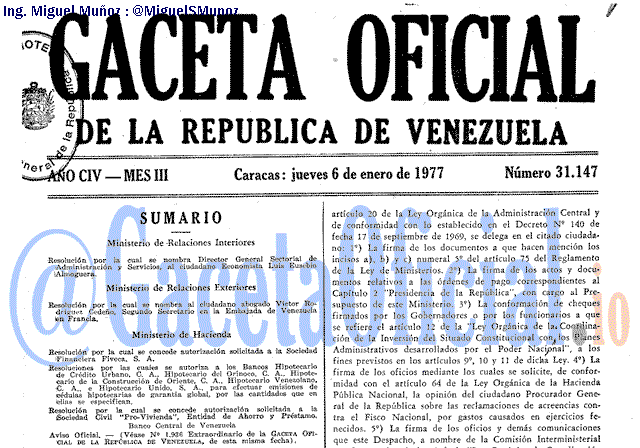 Gaceta Oficial 31147 del 6 Enero 1977