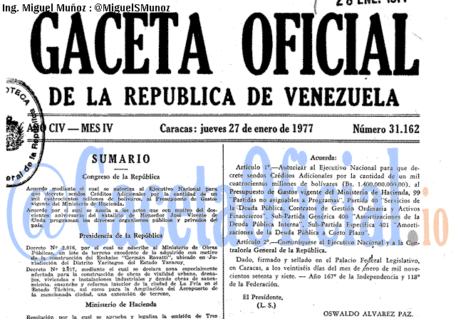 Gaceta Oficial 31162 del 27 Enero 1977
