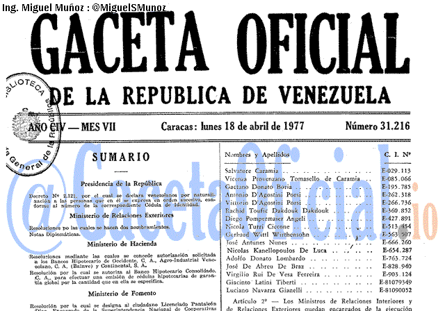 Gaceta Oficial 31216 del 18 Abril 1977