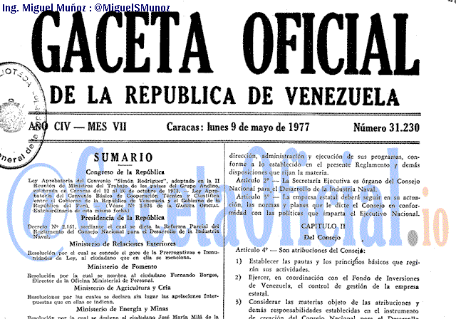 Gaceta Oficial 31230 del 9 Mayo 1977