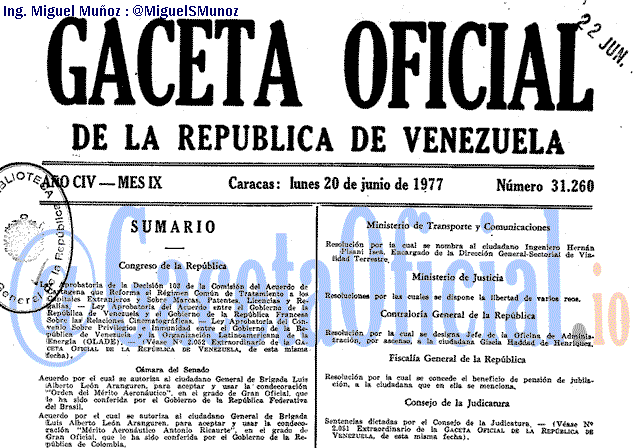 Gaceta Oficial 31260 del 20 Junio 1977