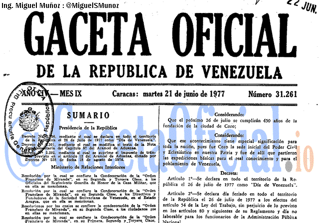 Gaceta Oficial 31261 del 21 Junio 1977